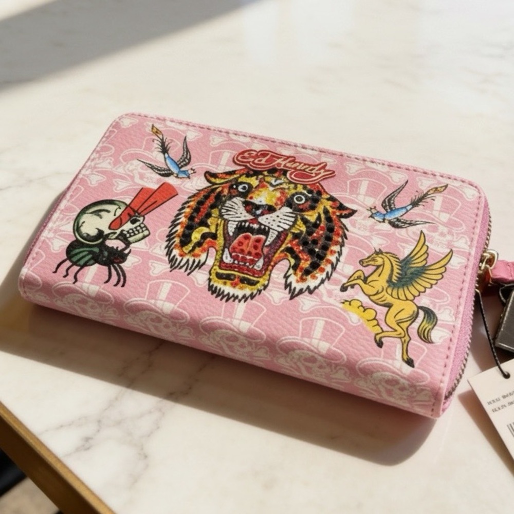 Ed Hardy Pink Tiger Zip Card Holder Wallet